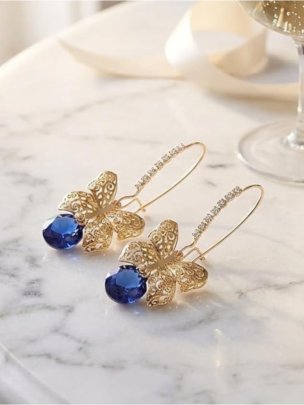 Anthropologie Gold Butterfly Earrings with Deep Blue Crystal - Picture 2 of 4